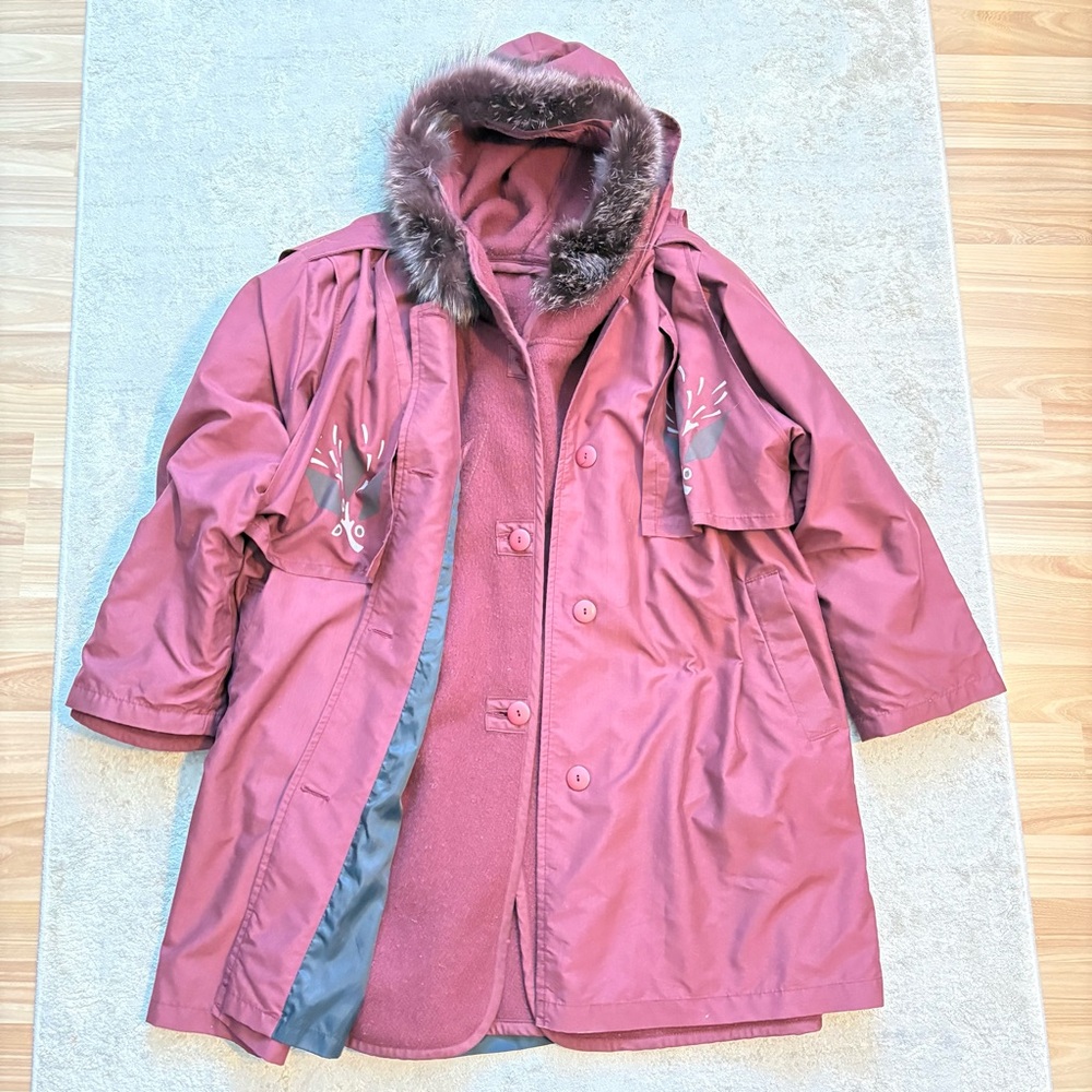 4 Saisons Canada Burgundy 3 in 1 Layer All Season Wool Fur Coat Size 14 - Picture 12 of 14